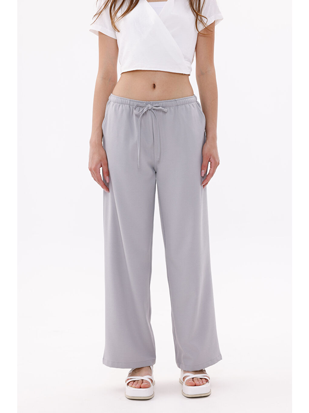 Gri Kadın Pantolon Geniş Paça Pamuklu Viskon Cepli Pantolon Beli Lastikli GENİŞPAÇA-PANTOLON-3