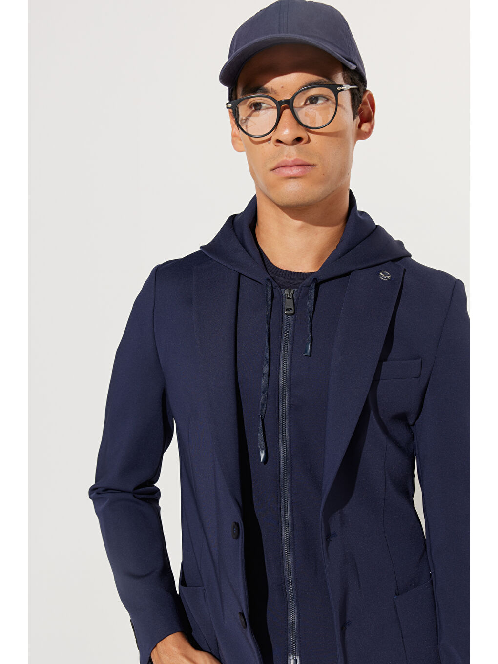 Erkek Lacivert Slim Fit Dar Kesim Mono Yaka Pamuklu Desenli Ceket-5