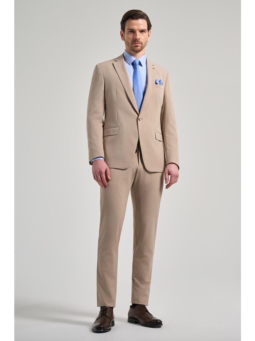 Bej Düz Gabardin Mono Yaka Tam Astar Beli Lastikli Esnek 6 Drop Slim Fit Takım Elbise 1001250155