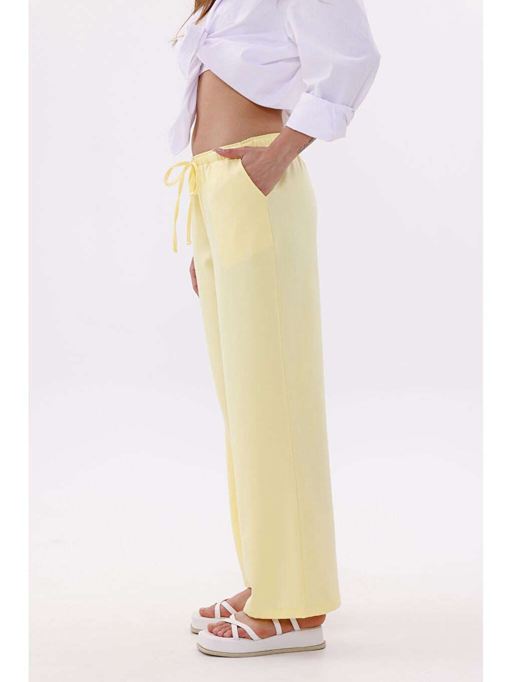 Sarı Kadın Pantolon Geniş Paça Pamuklu Viskon Cepli Pantolon Beli Lastikli GENİŞPAÇA-PANTOLON-2