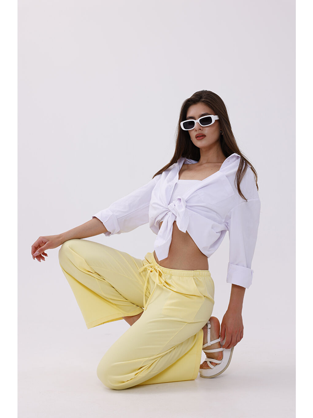 Sarı Kadın Pantolon Geniş Paça Pamuklu Viskon Cepli Pantolon Beli Lastikli GENİŞPAÇA-PANTOLON-4