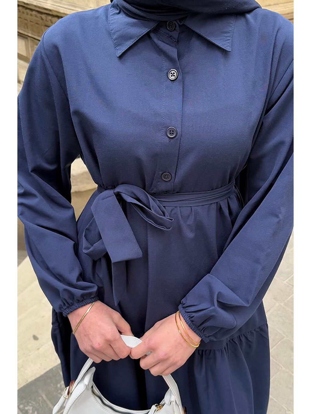 Yarım Düğme Detaylı Terikoton Elbise Lacivert-2