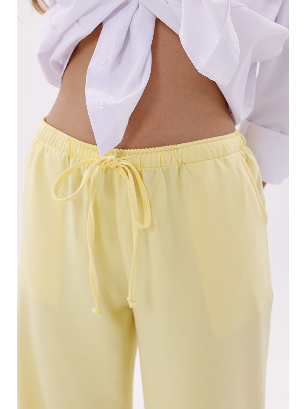 Sarı Kadın Pantolon Geniş Paça Pamuklu Viskon Cepli Pantolon Beli Lastikli GENİŞPAÇA-PANTOLON-5