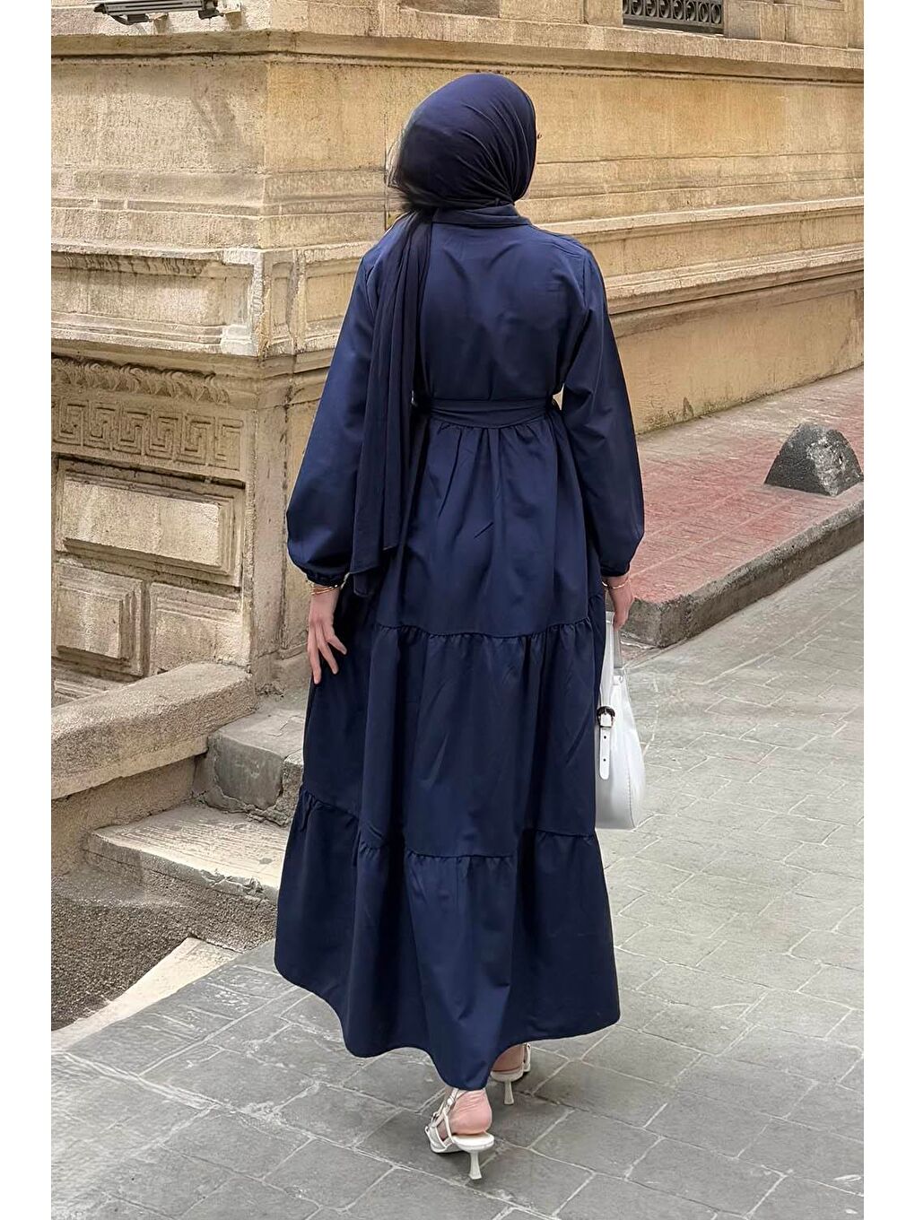 Yarım Düğme Detaylı Terikoton Elbise Lacivert-3