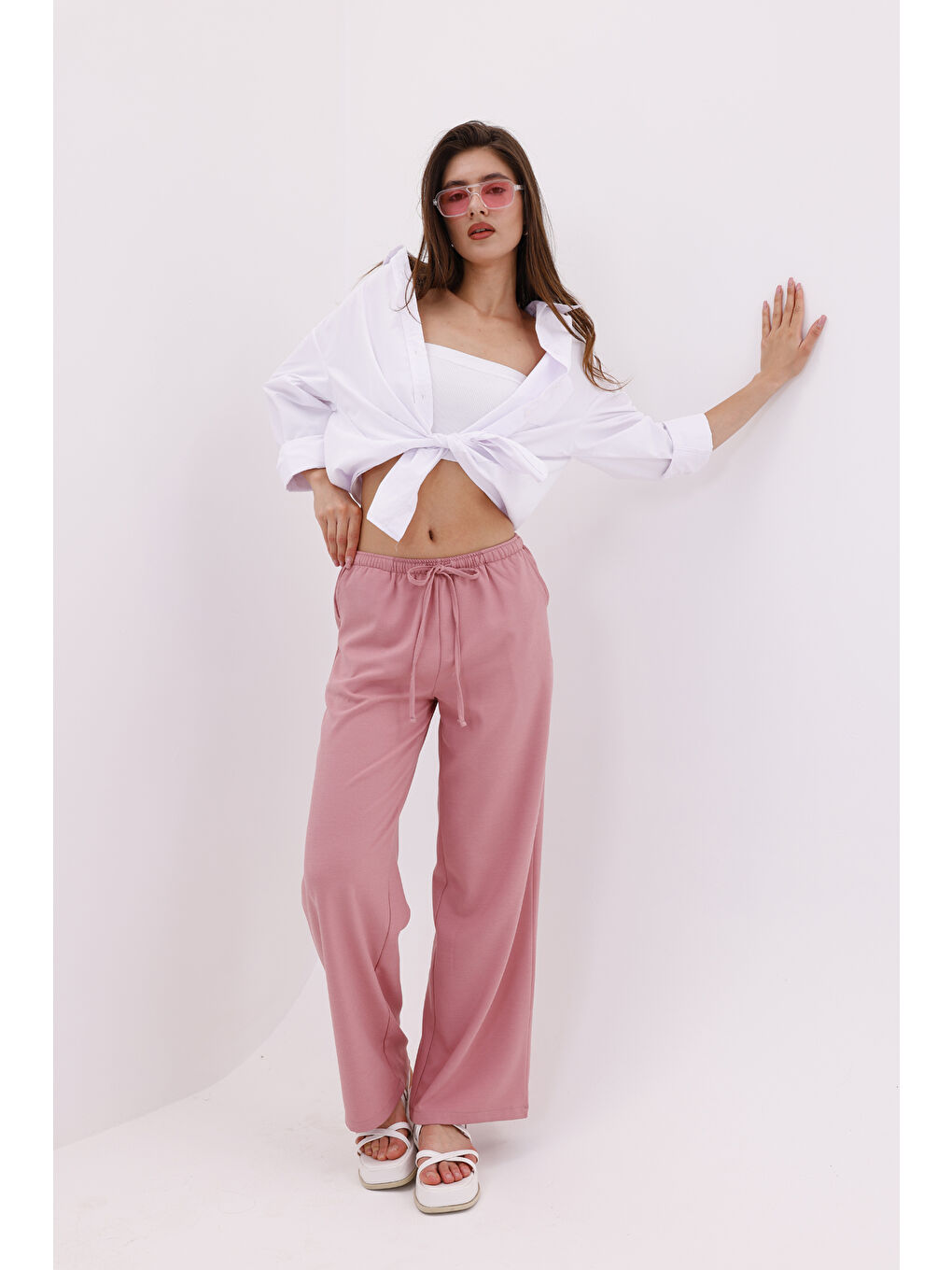 Pembe Kadın Pantolon Geniş Paça Pamuklu Viskon Cepli Pantolon Beli Lastikli GENİŞPAÇA-PANTOLON-4