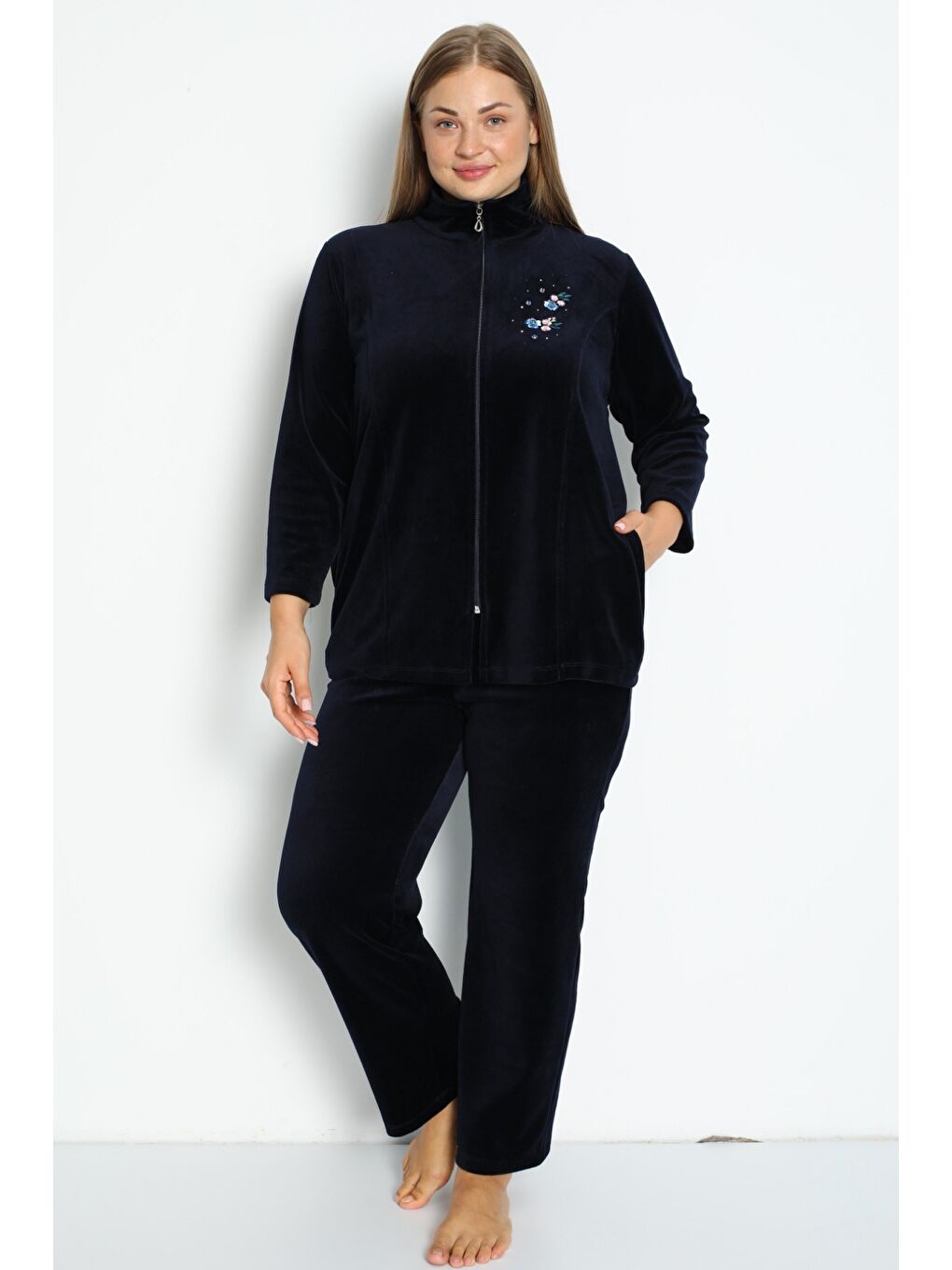 Lacivert Fermuarlı Pamuklu Kadife Taş Detaylı Uzun Kollu Büyük Beden Alt Üst Takım-1
