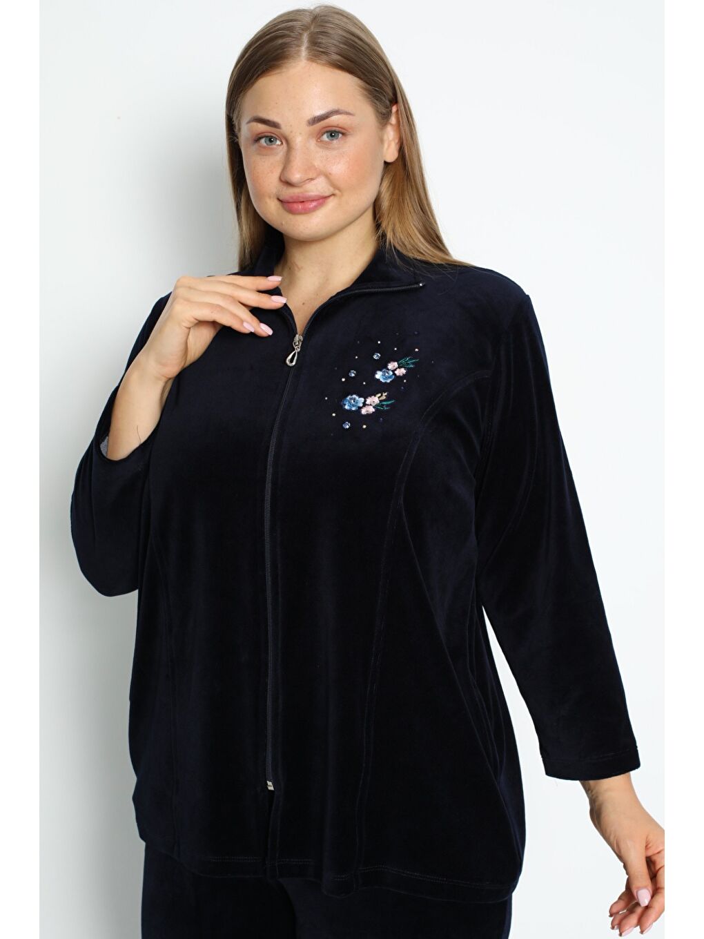 Lacivert Fermuarlı Pamuklu Kadife Taş Detaylı Uzun Kollu Büyük Beden Alt Üst Takım-3