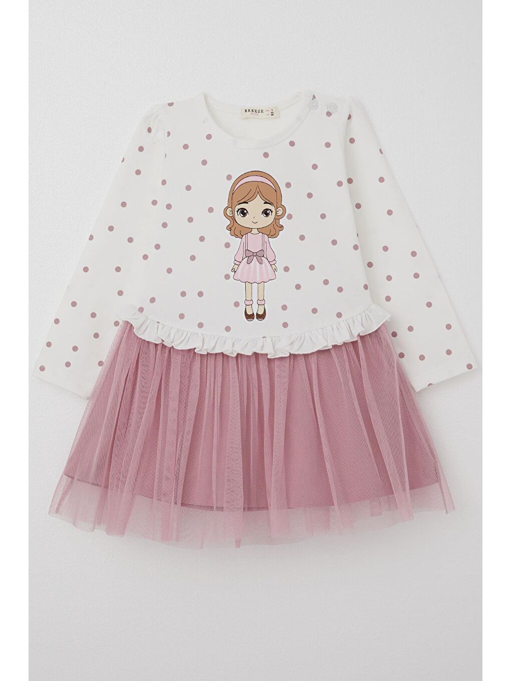 Kız Bebek Uzun Kollu Elbise Puantiye Desenli Havalı Kız Baskılı Ekru (1.5 Yaş)