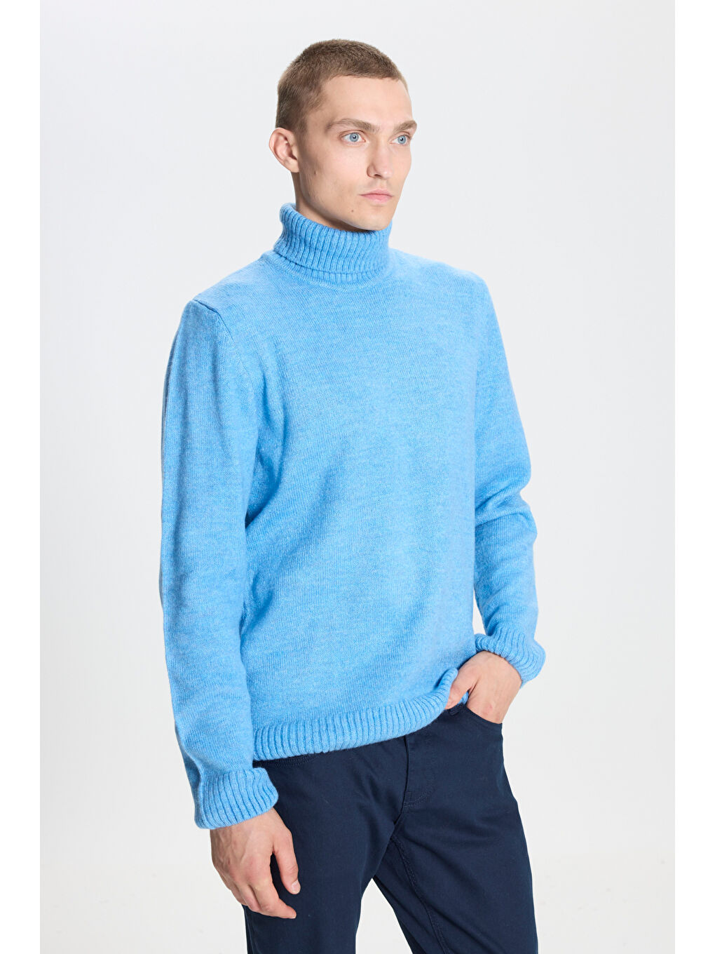 Erkek Mavi Standart Fit Normal Kesim Tam Balıkçı Yaka Triko