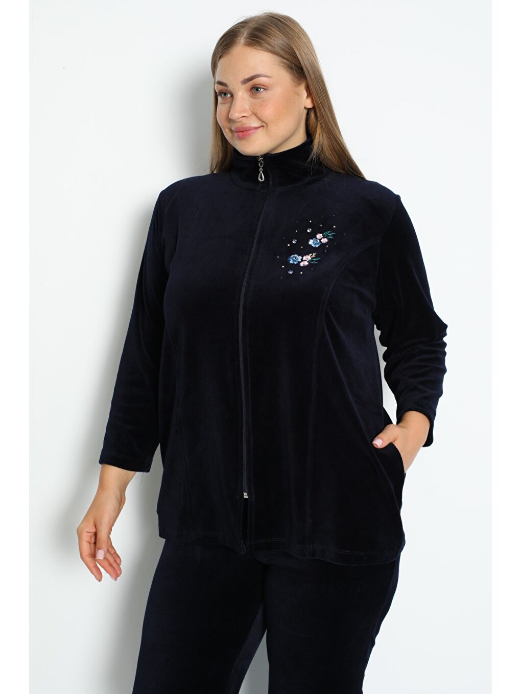 Lacivert Fermuarlı Pamuklu Kadife Taş Detaylı Uzun Kollu Büyük Beden Alt Üst Takım-4