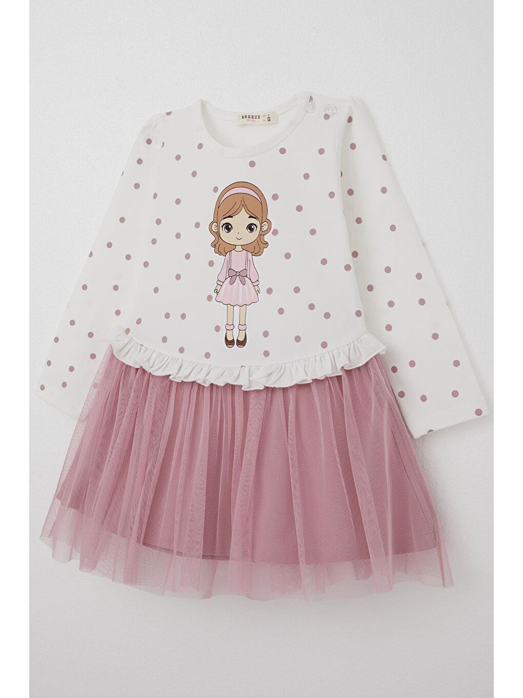 Kız Bebek Uzun Kollu Elbise Puantiye Desenli Havalı Kız Baskılı Ekru (1.5 Yaş)-2