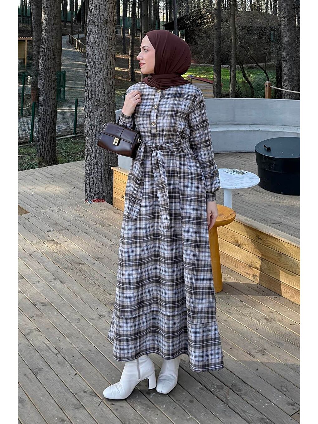 Kahverengi Ekose Desen Elbise Çikolata Kahve-1