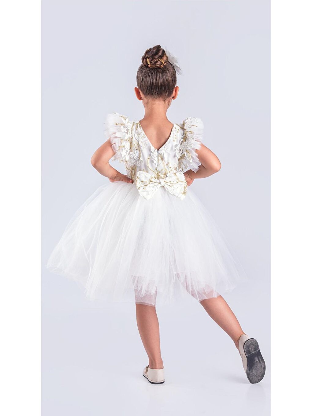 Ekru Kız Çocuk Nakışlı Tütü Etek Elbise MNK0578-9