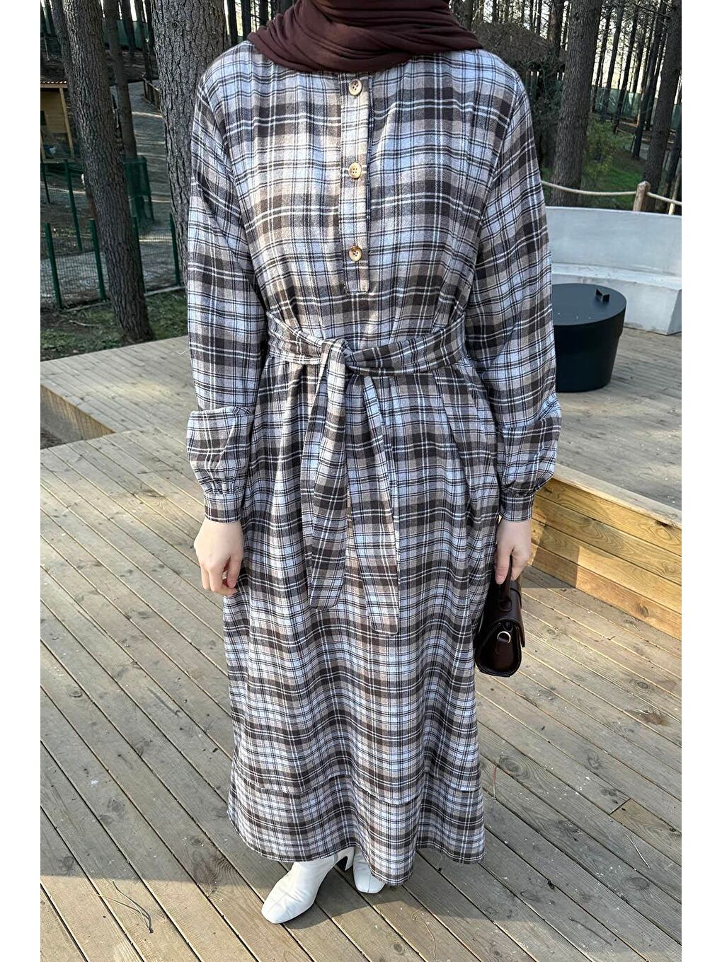 Kahverengi Ekose Desen Elbise Çikolata Kahve-2