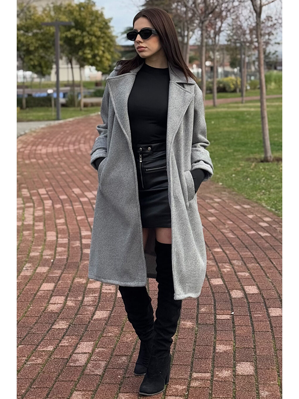 Gülseli Gri Astarlı Kruvaze Yaka Kadın Kaşe Kaban