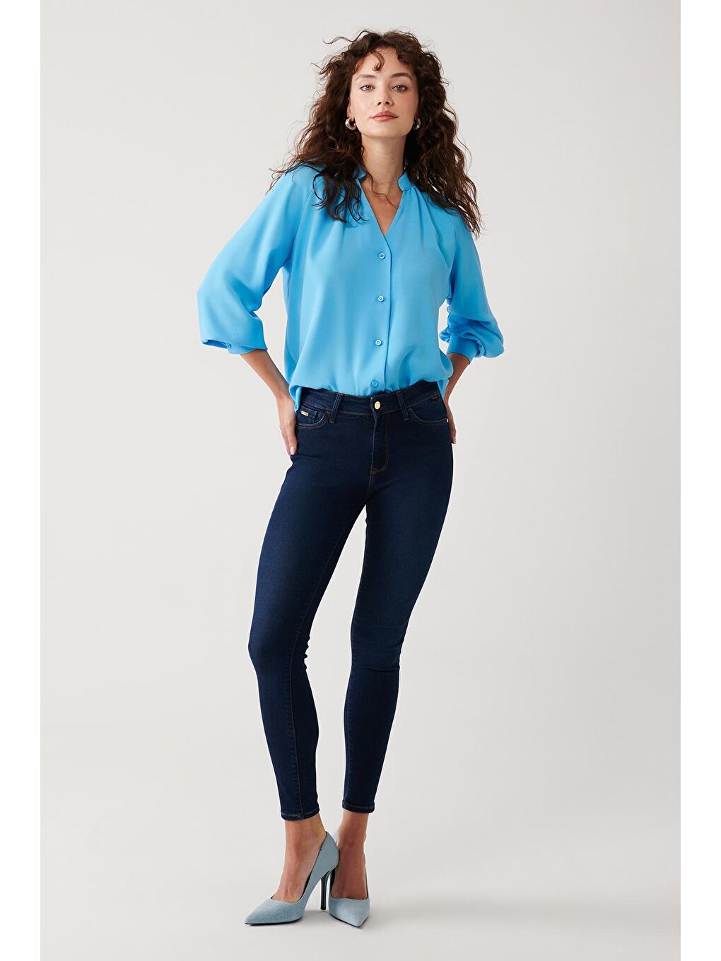 Pilise Detaylı Gömlek-Mavi-1
