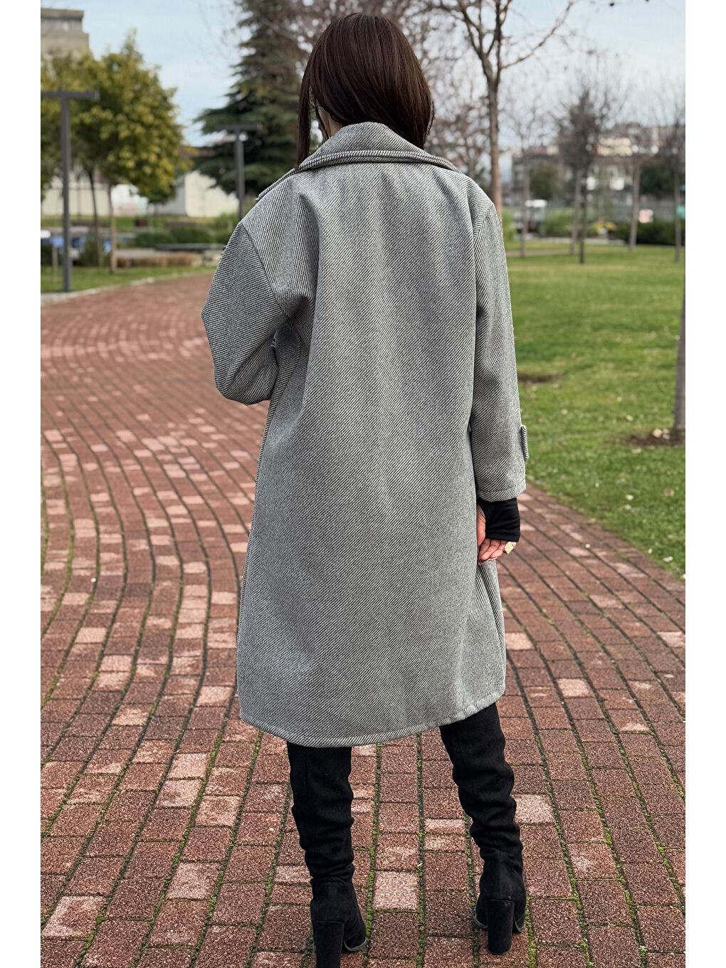 Gülseli Gri Astarlı Kruvaze Yaka Kadın Kaşe Kaban - 3
