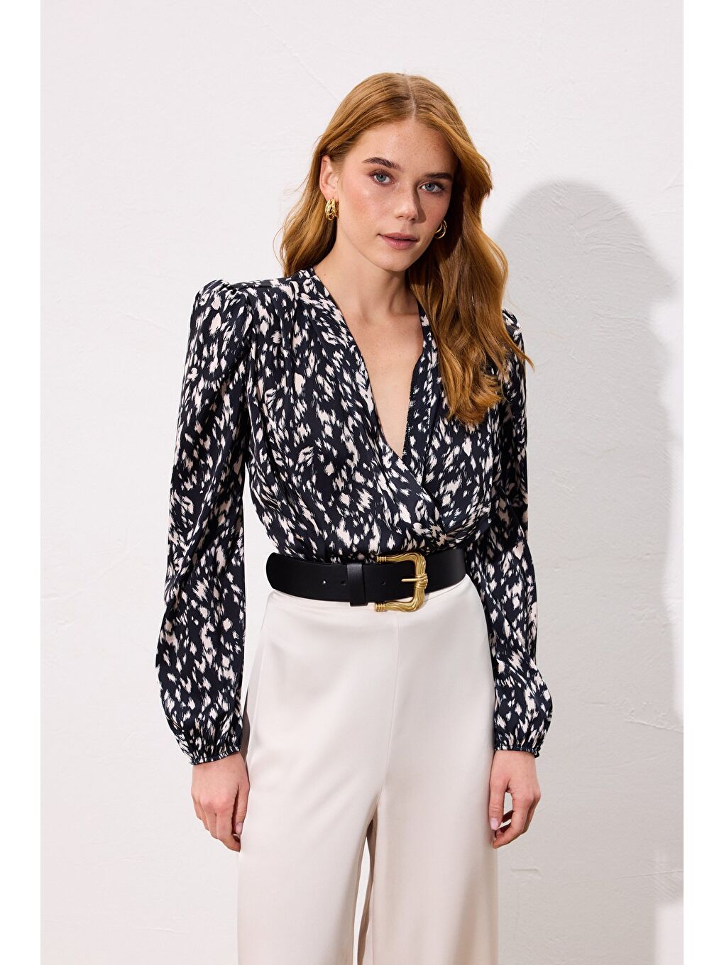 Kruvaze Bodysuit Bluz - Siyah-2