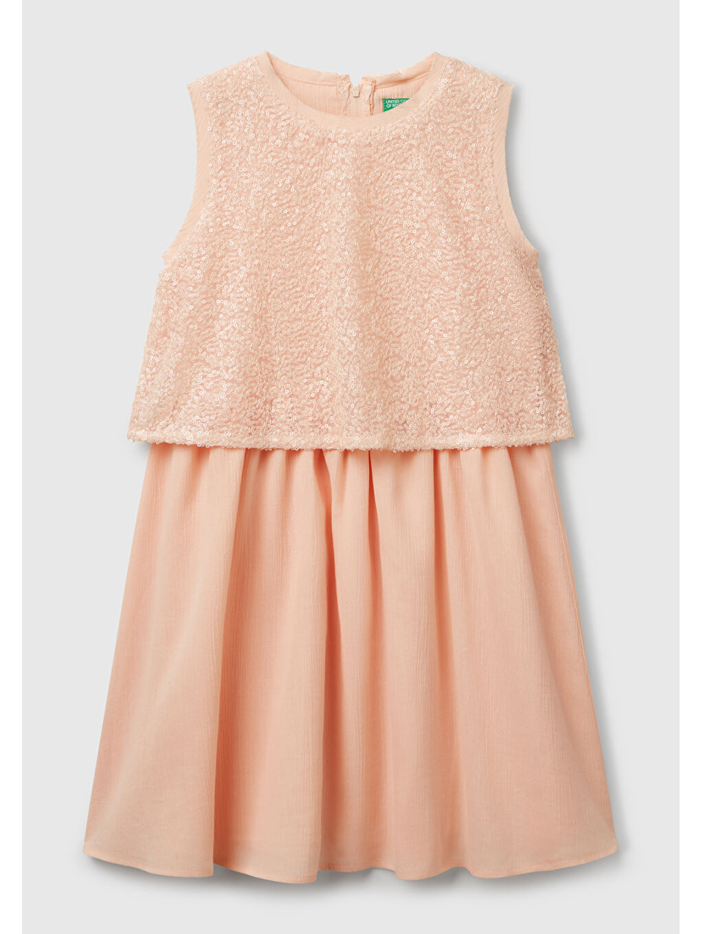 Bej Kız Çocuk Yavruağzı Üstü Pullu Kumaşlı Astarlı Pileli Tül Etekli Kolsuz Elbise