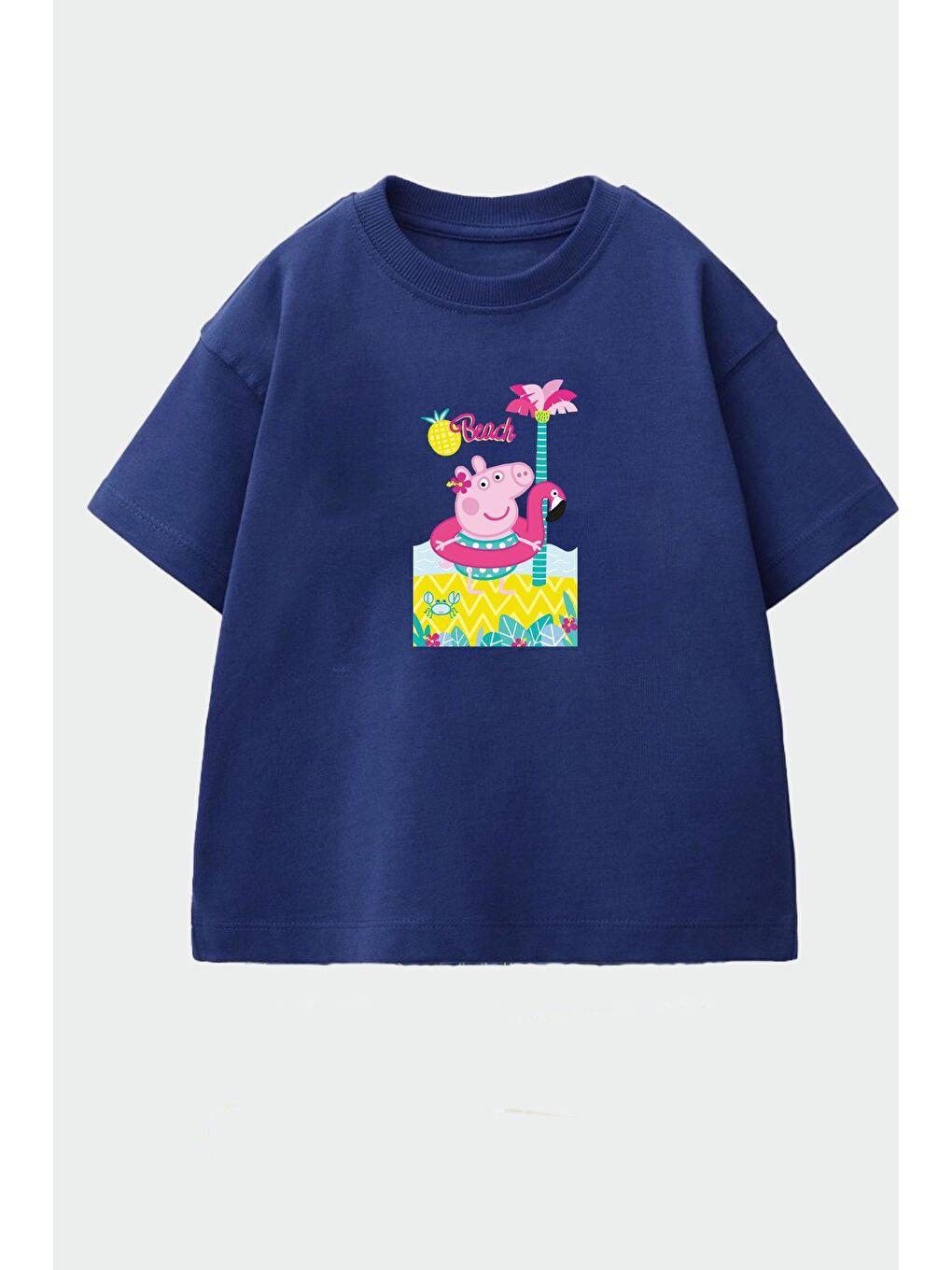 Lacivert Kız Çocuk Pamuklu Bisiklet Yaka Baskılı T-Shirt