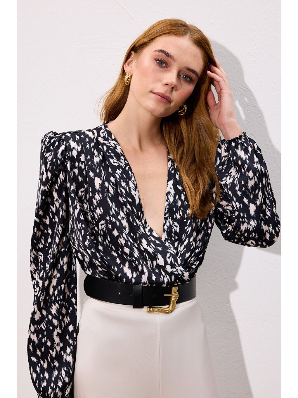 Kruvaze Bodysuit Bluz - Siyah-3