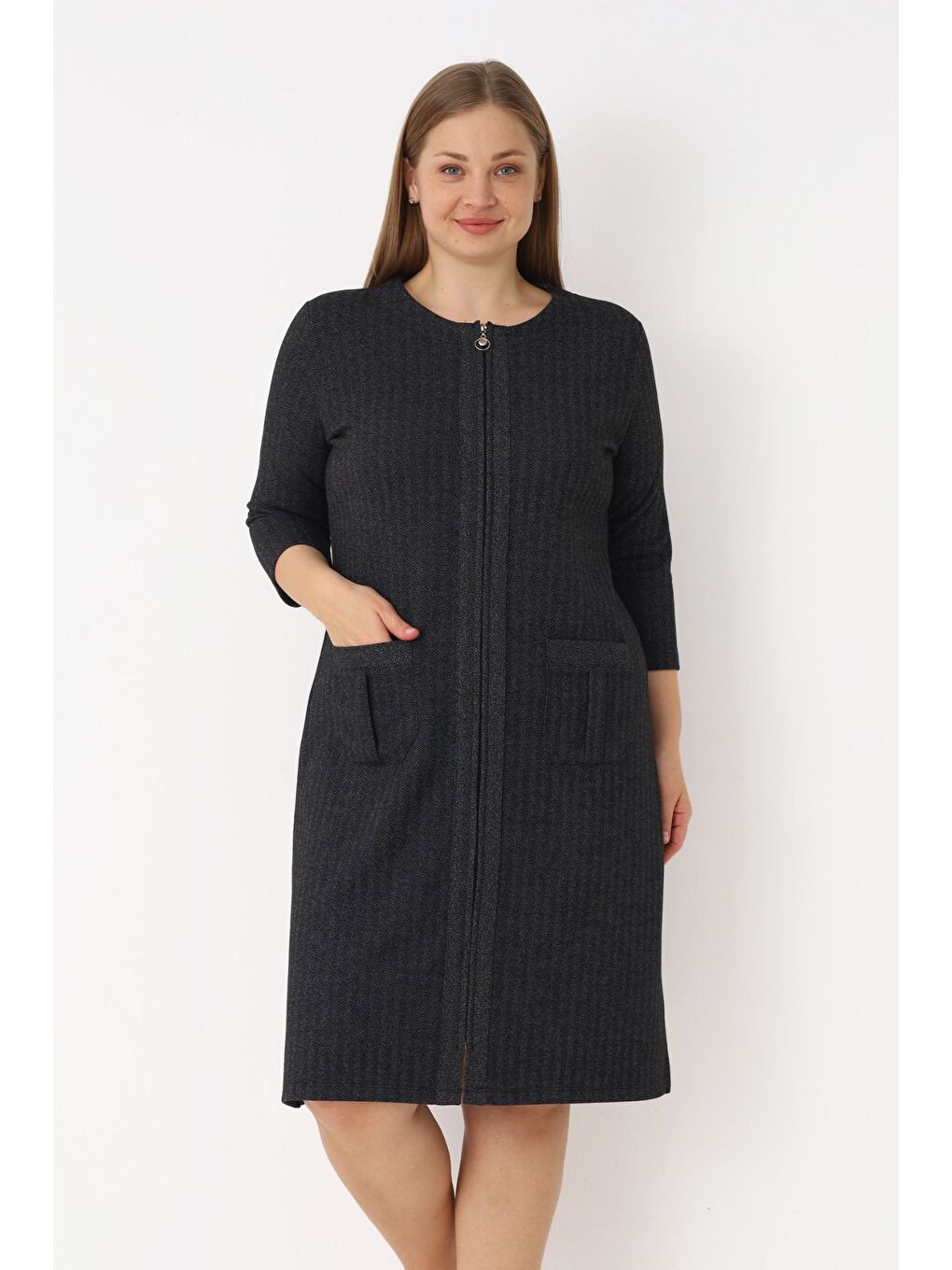Antrasit Fermuarlı Jakarlı Cepli Truvakar Kollu Kadın Büyük Beden Elbise