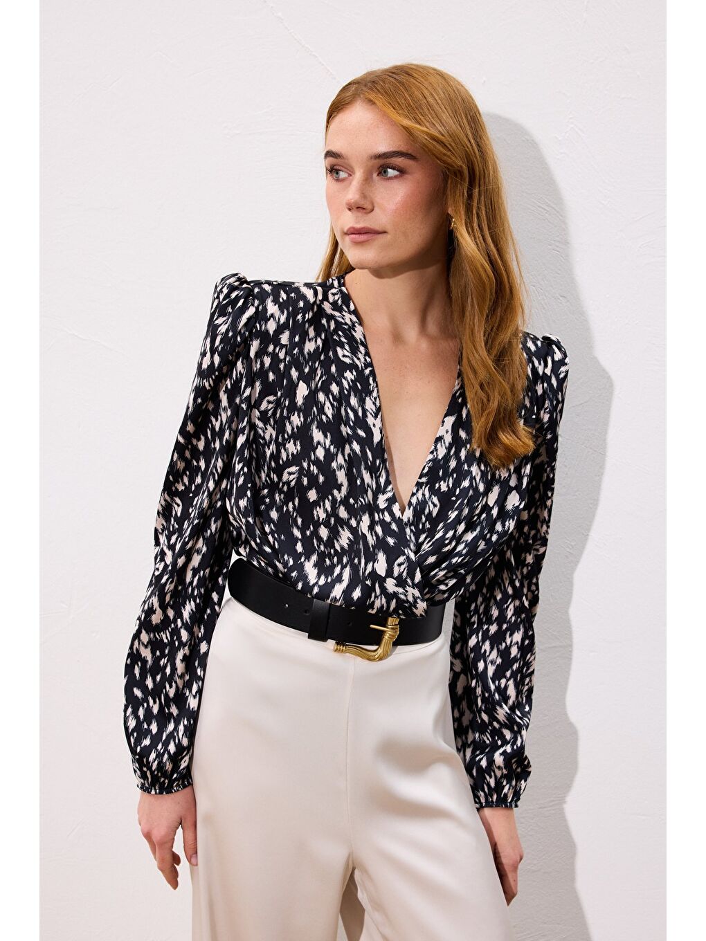 Kruvaze Bodysuit Bluz - Siyah-4