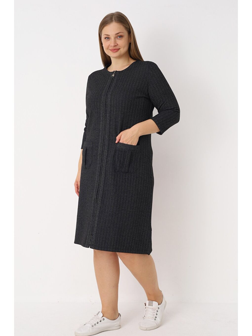 Antrasit Fermuarlı Jakarlı Cepli Truvakar Kollu Kadın Büyük Beden Elbise-1
