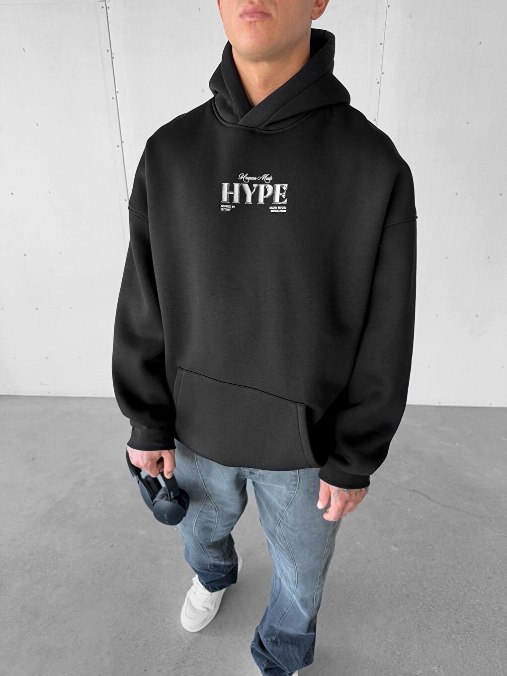 ablukaonline Erkek Oversize Hype Baskılı Premium Kapüşonlu Sweatshirt Siyah