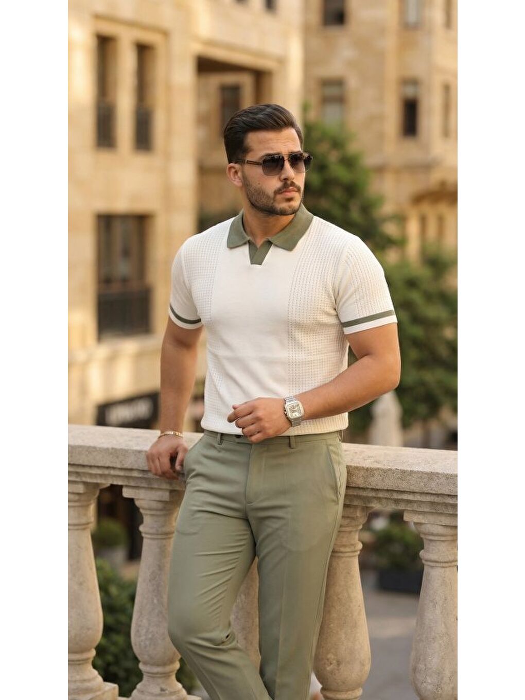 Kahverengi Erkek Renkli Yakalı File Desenli Kısa Kollu Tişört-2