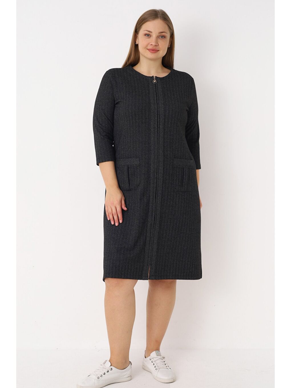 Antrasit Fermuarlı Jakarlı Cepli Truvakar Kollu Kadın Büyük Beden Elbise-2