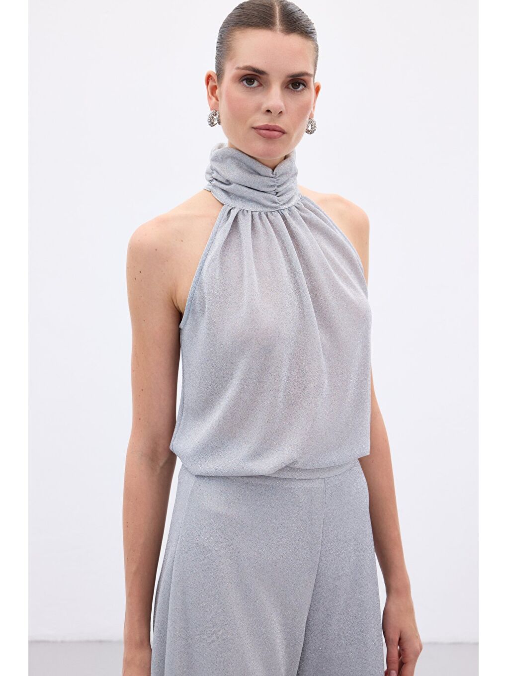 Gri Kolsuz Parlak Bluz - Gümüş-2