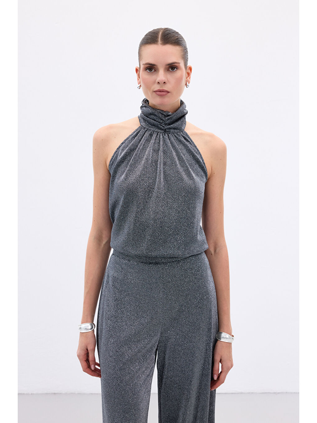 Kolsuz Parlak Bluz - Antrasit-2