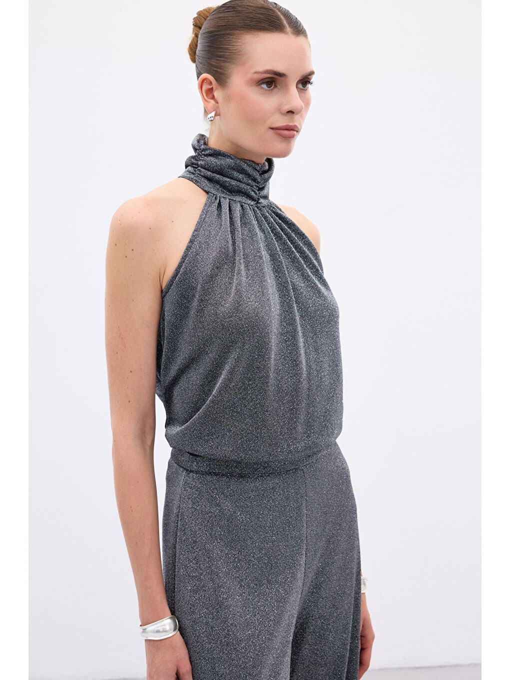 Kolsuz Parlak Bluz - Antrasit-3