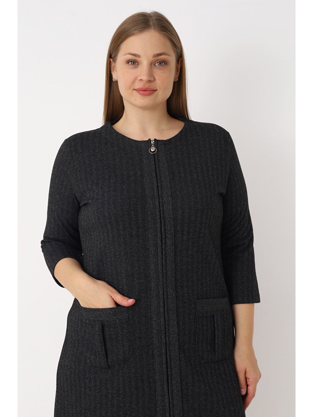 Antrasit Fermuarlı Jakarlı Cepli Truvakar Kollu Kadın Büyük Beden Elbise-3