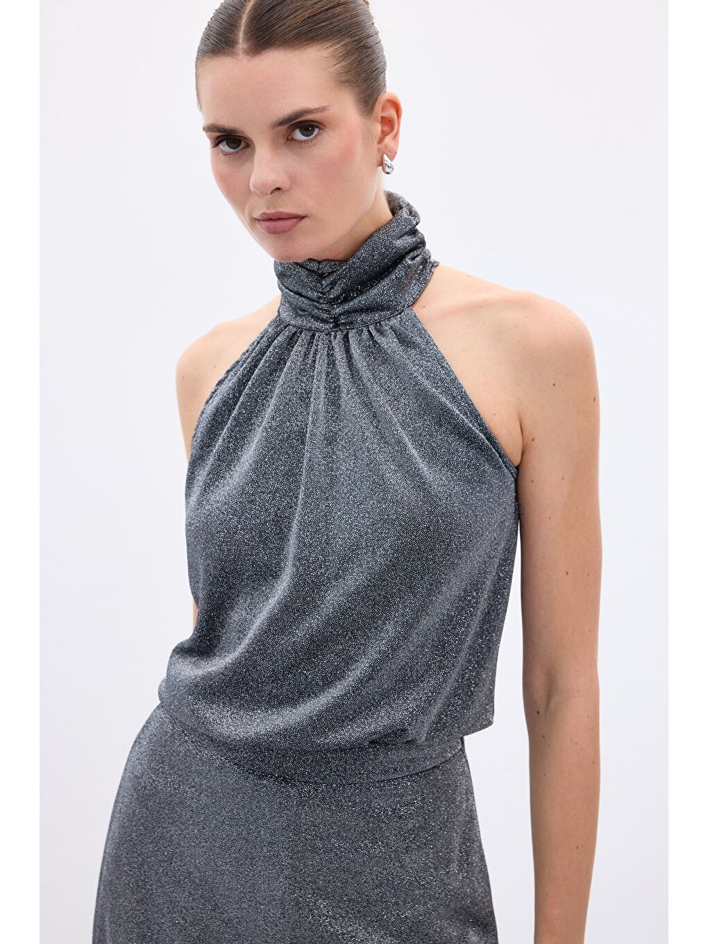 Kolsuz Parlak Bluz - Antrasit-4