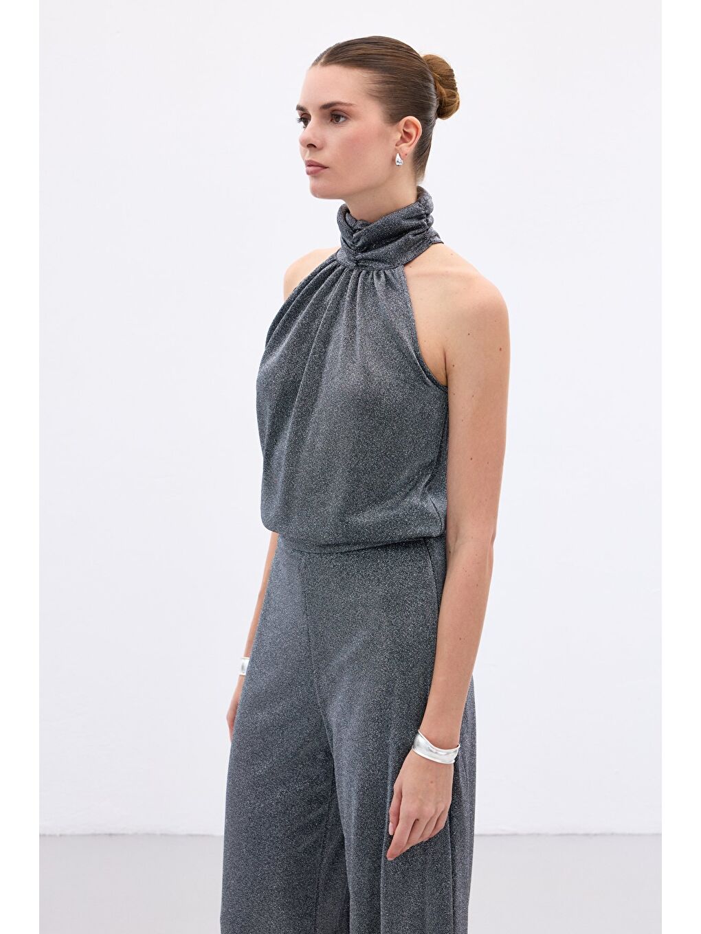 Kolsuz Parlak Bluz - Antrasit-5