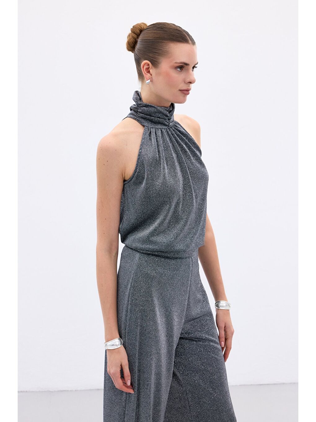 Kolsuz Parlak Bluz - Antrasit-6