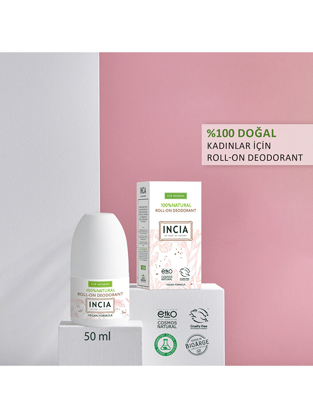 INCIA %100 Doğal Roll On Deodorant Kadınlar İçin Ter Kokusu Önleyici Lekesiz 50 ml - 1
