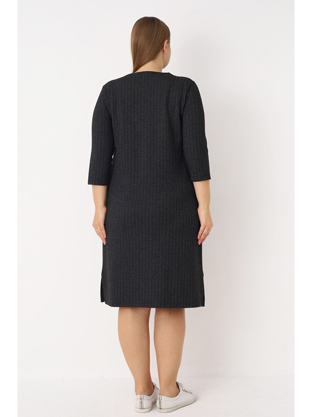 Antrasit Fermuarlı Jakarlı Cepli Truvakar Kollu Kadın Büyük Beden Elbise-5