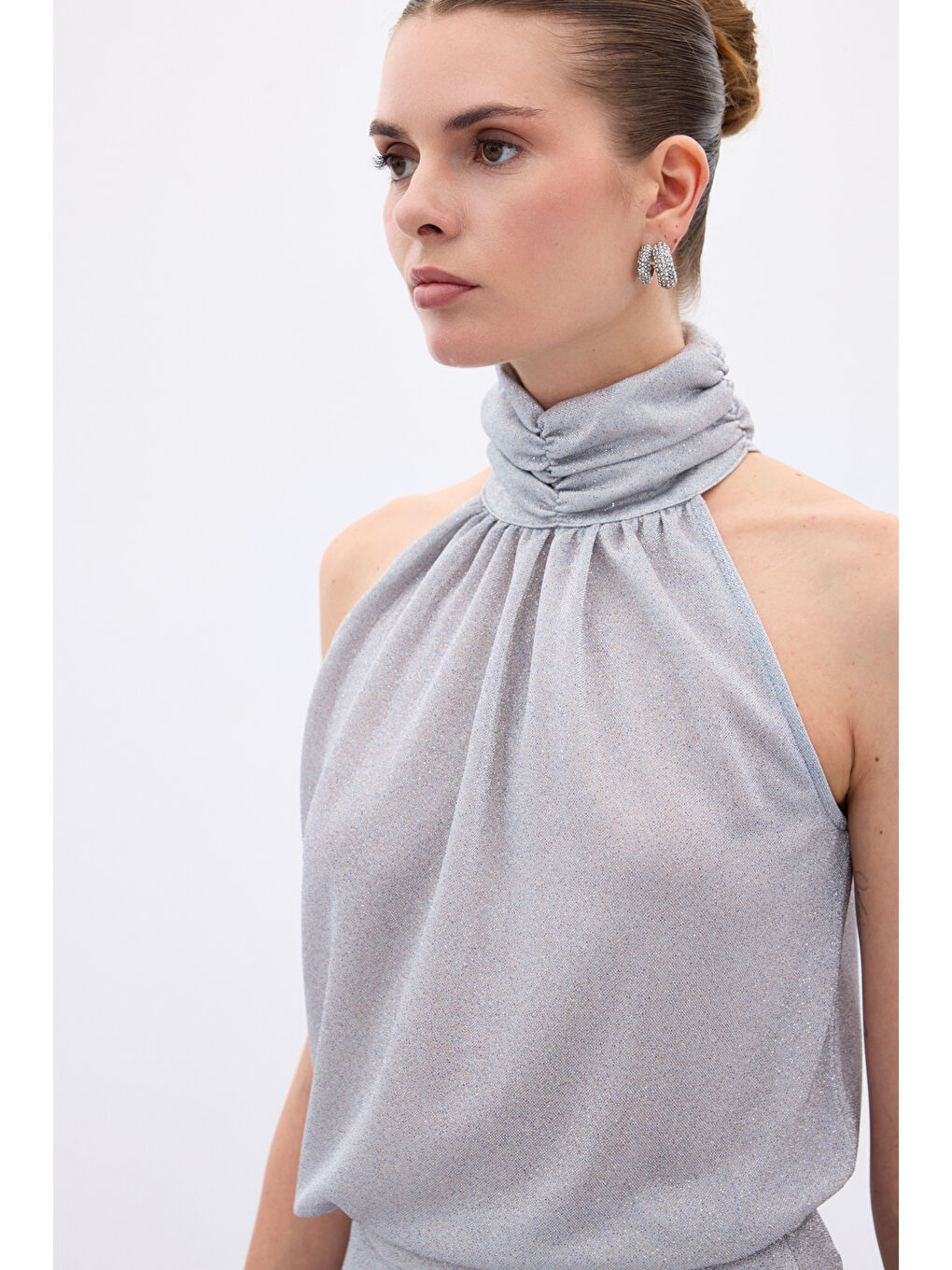 Gri Kolsuz Parlak Bluz - Gümüş-6
