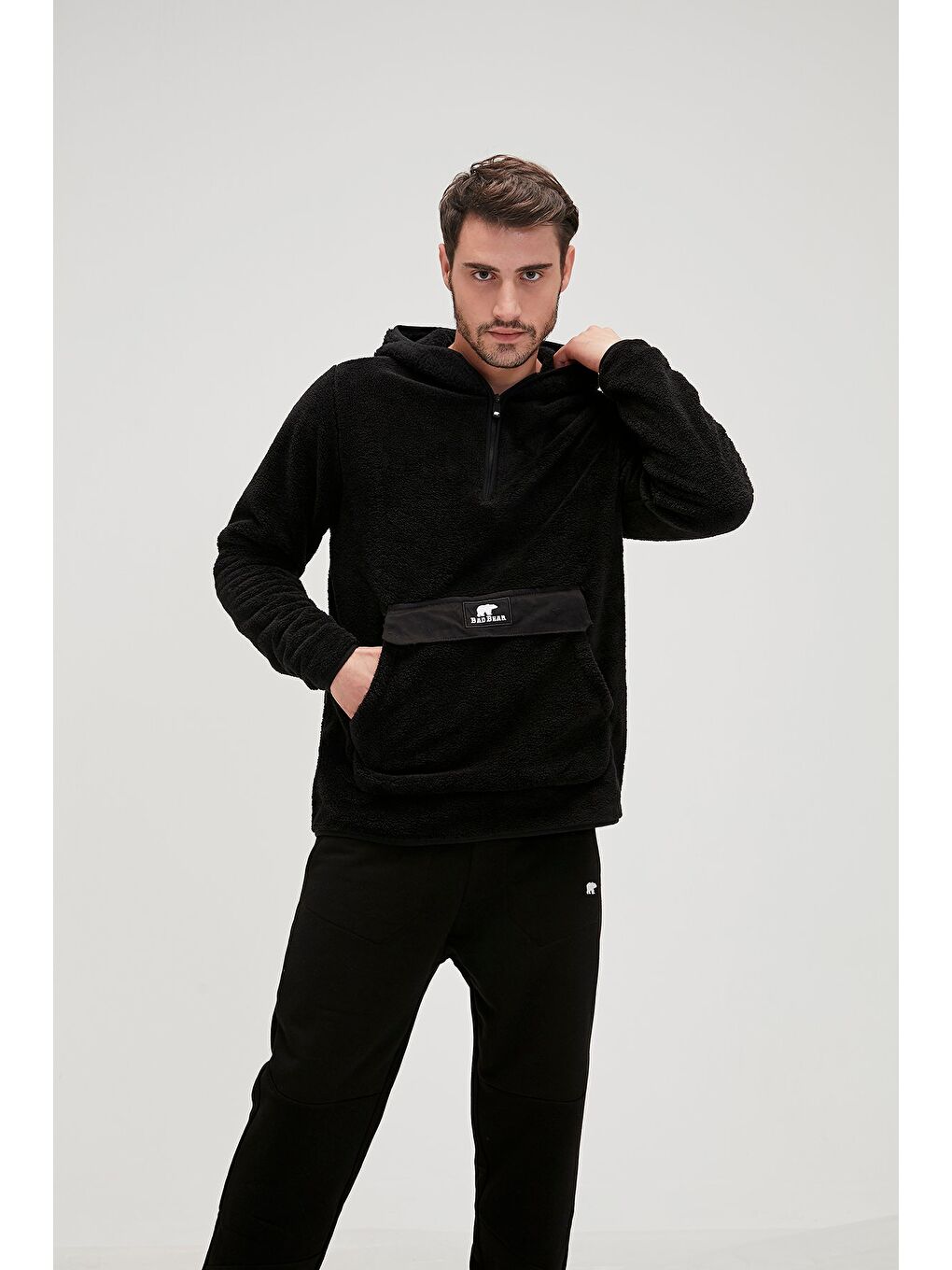 Inuit Plush Fermuarlı Sweatshirt Siyah Pelüş Kanguru Cep Erkek Kapüşonlu Fermuarlı Sweatshirt