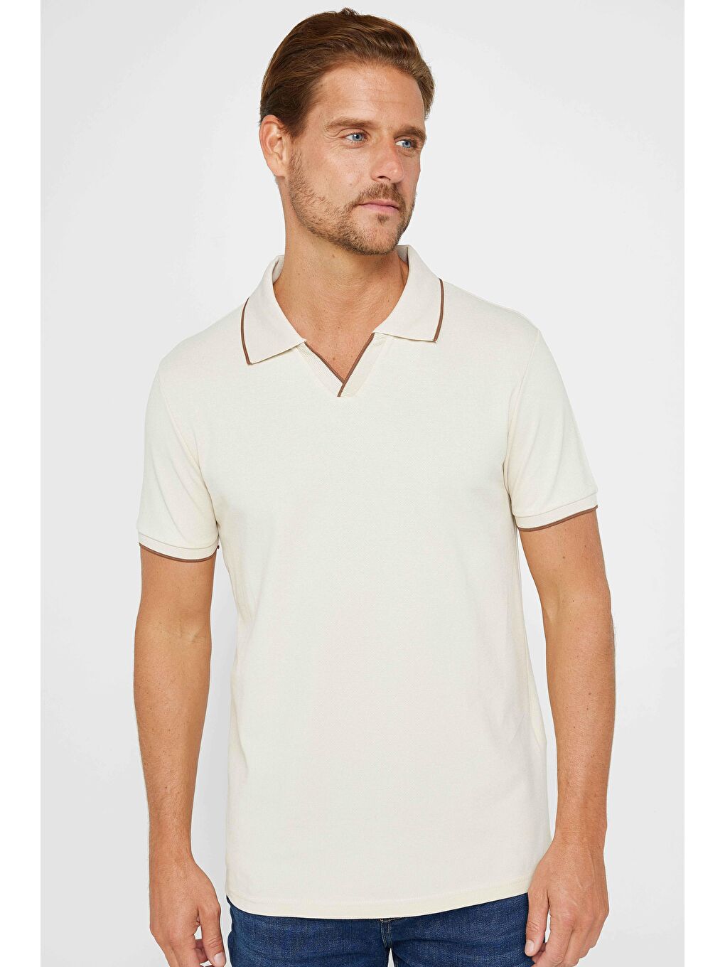 Bej Erkek Slim Fit Dar Kesim %100 Pamuk Düz Pike Düğmesiz Vizon Polo Yaka Tişört-1