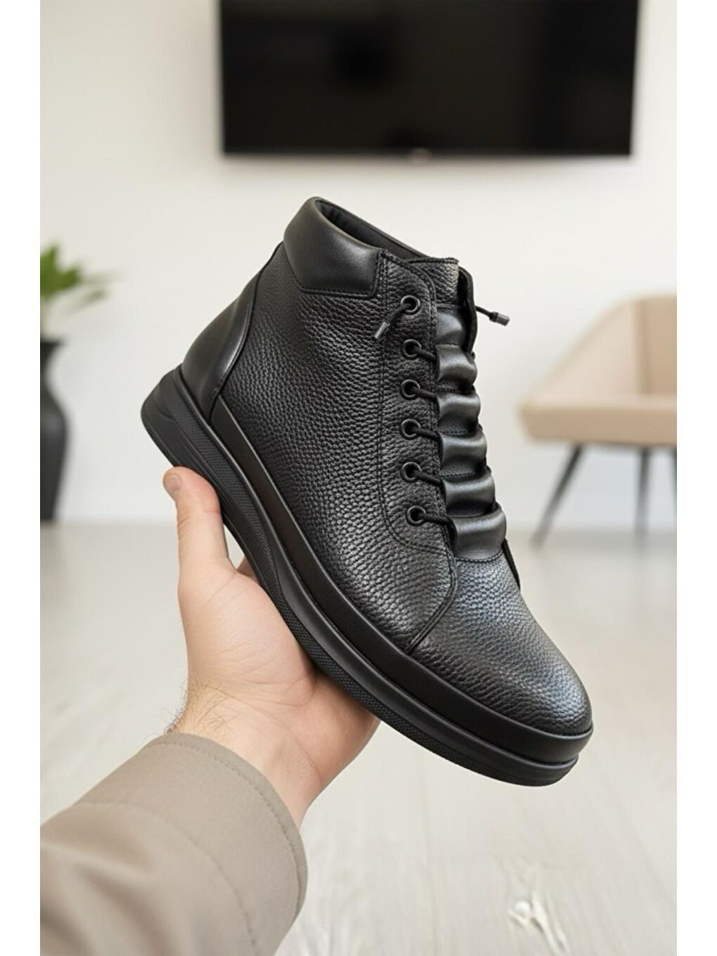 Siyah Jame Bağcık Detaylı Soğuk Geçirmez İçi Polarlı Erkek Postal-1