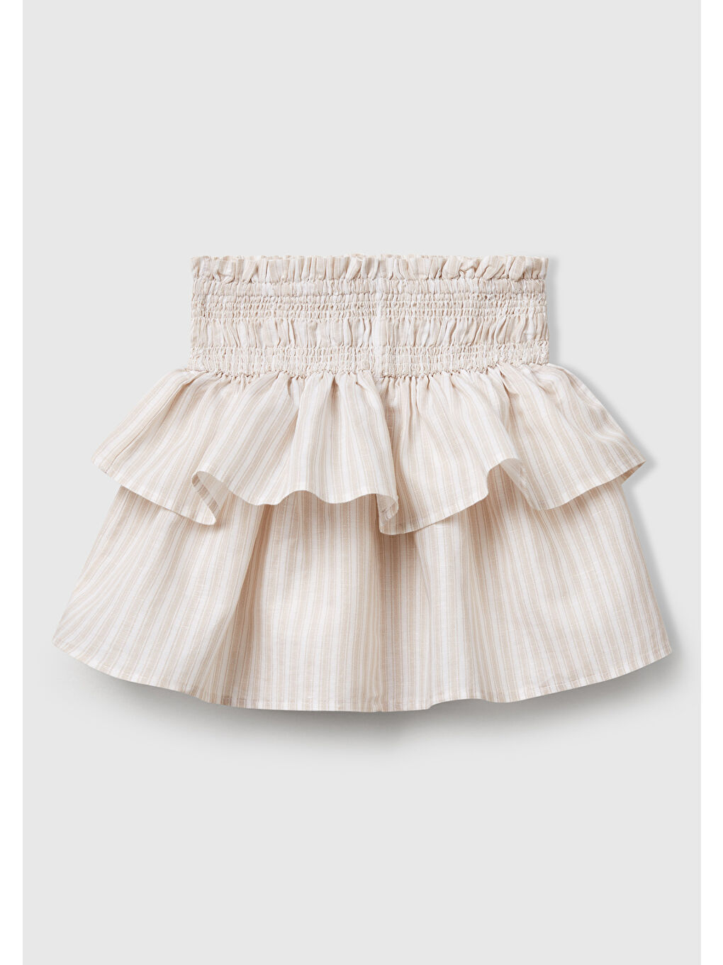 Kız Çocuk Ekru Keten Karışımlı Tamamı Desenli Beli Büzgülü Katlı Etek