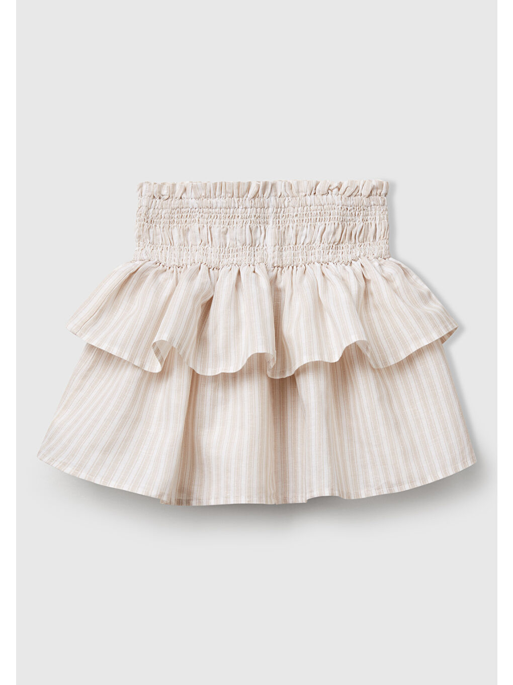 Kız Çocuk Ekru Keten Karışımlı Tamamı Desenli Beli Büzgülü Katlı Etek-1