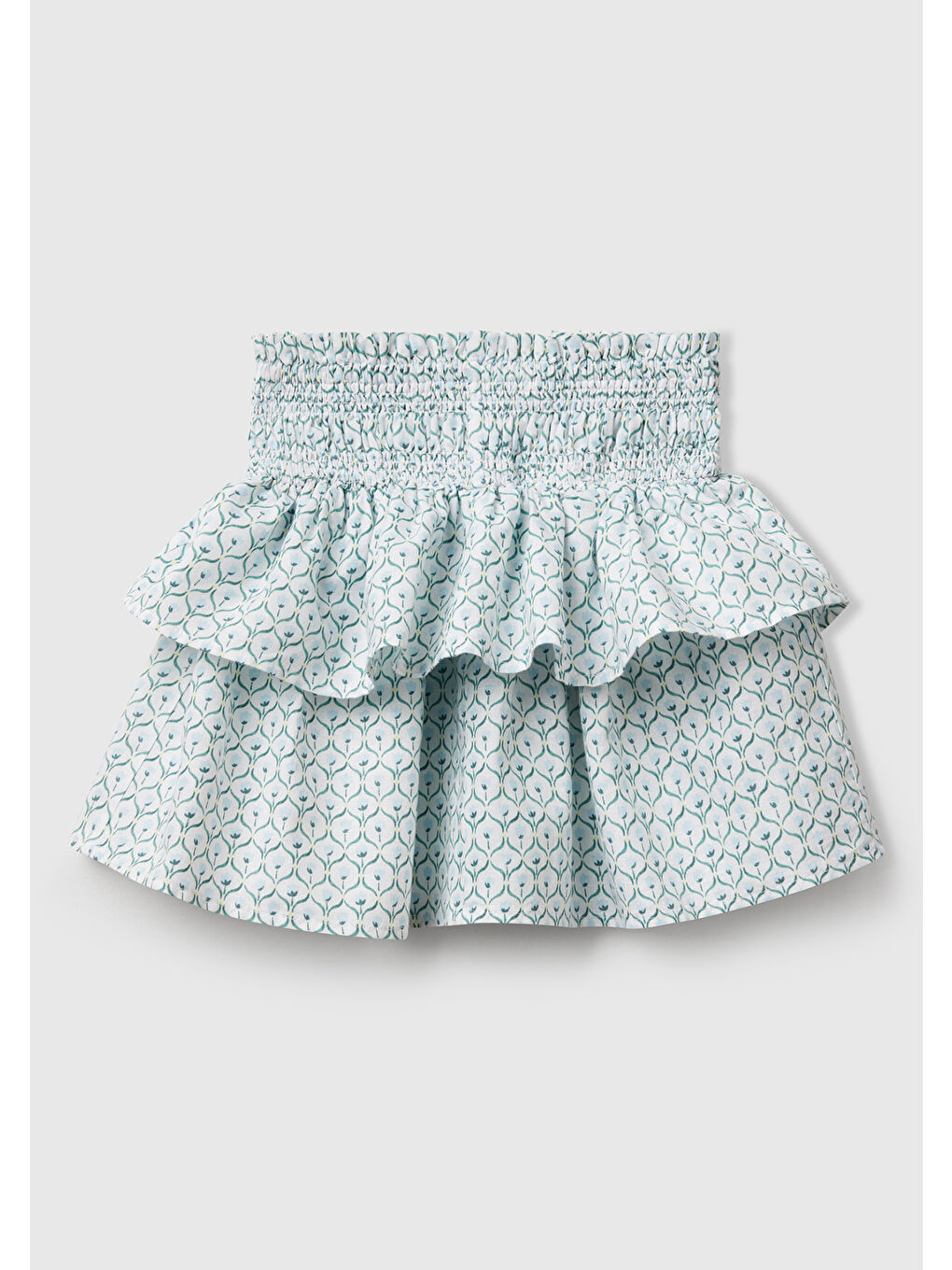 Kız Çocuk Buz Mavi Keten Karışımlı Tamamı Desenli Beli Büzgülü Katlı Etek-1