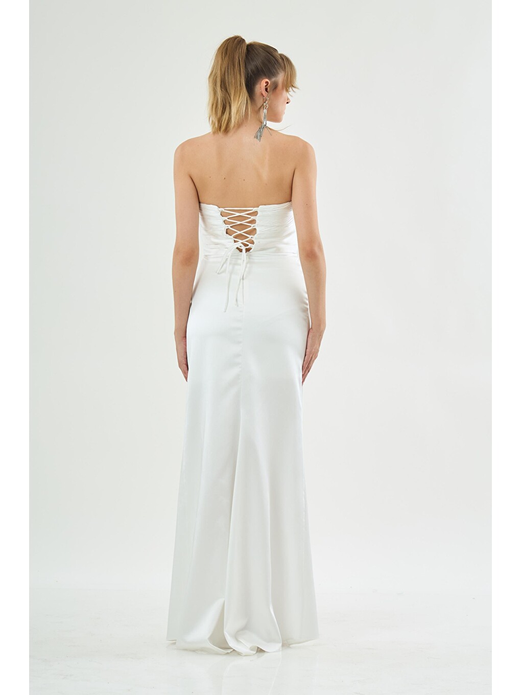 Ekru Straplez Pliseli Saten Nikah Elbisesi-3