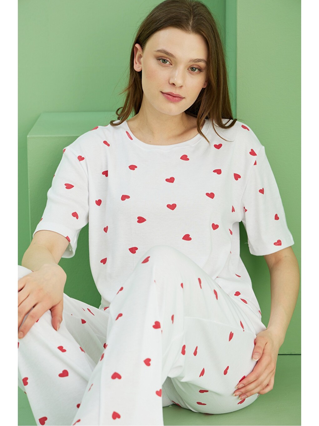 Beyaz Fitilli Kaşkorse Örme Pijama Takım