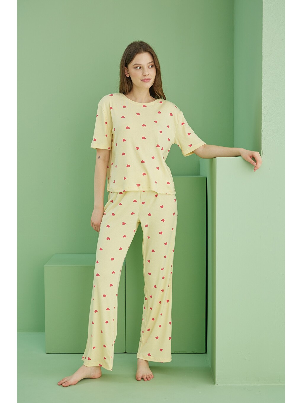 Sarı Fitilli Kaşkorse Örme Pijama Takım-2